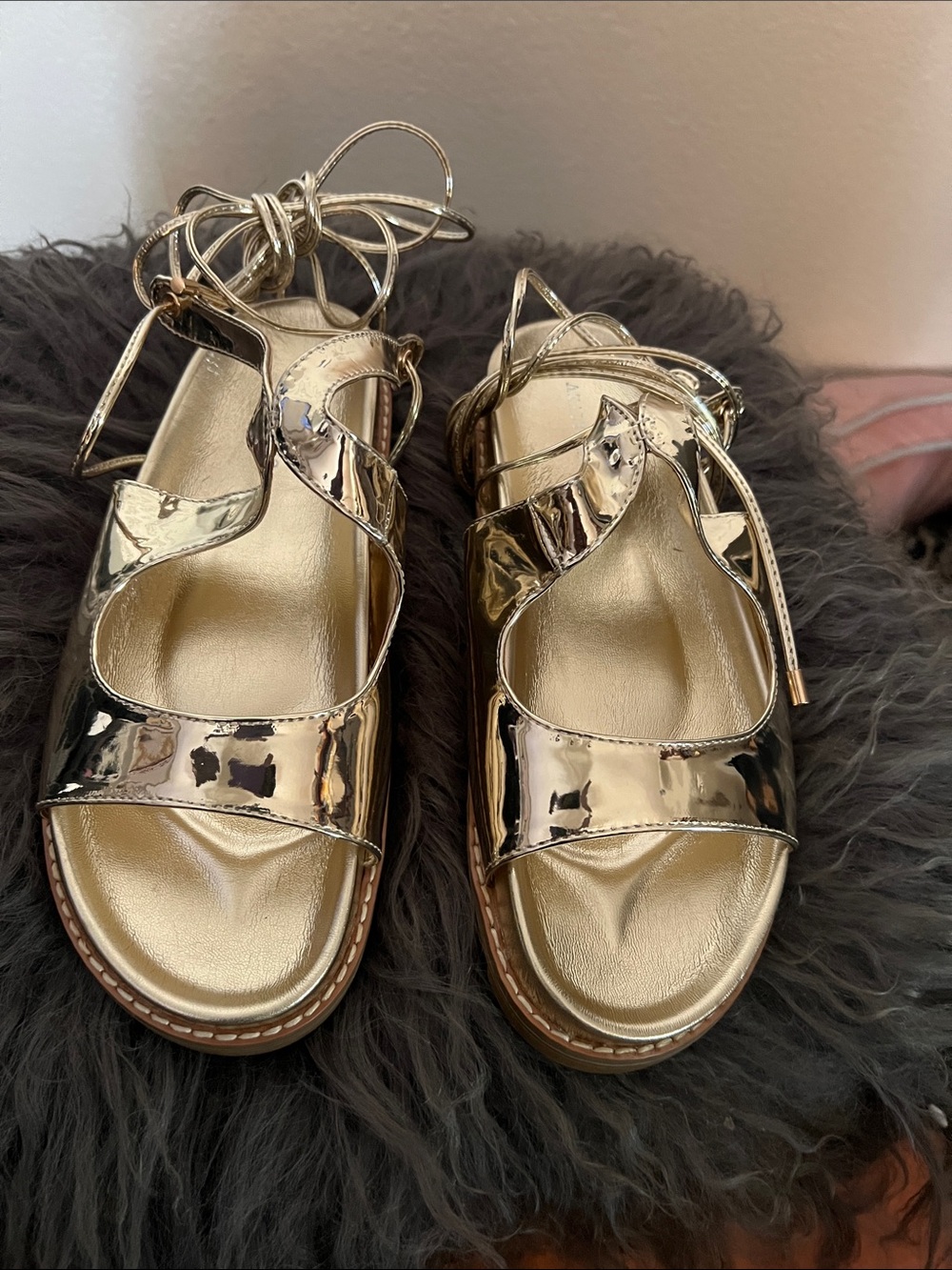 Shiny Gold Lace-Up Flat Sandals